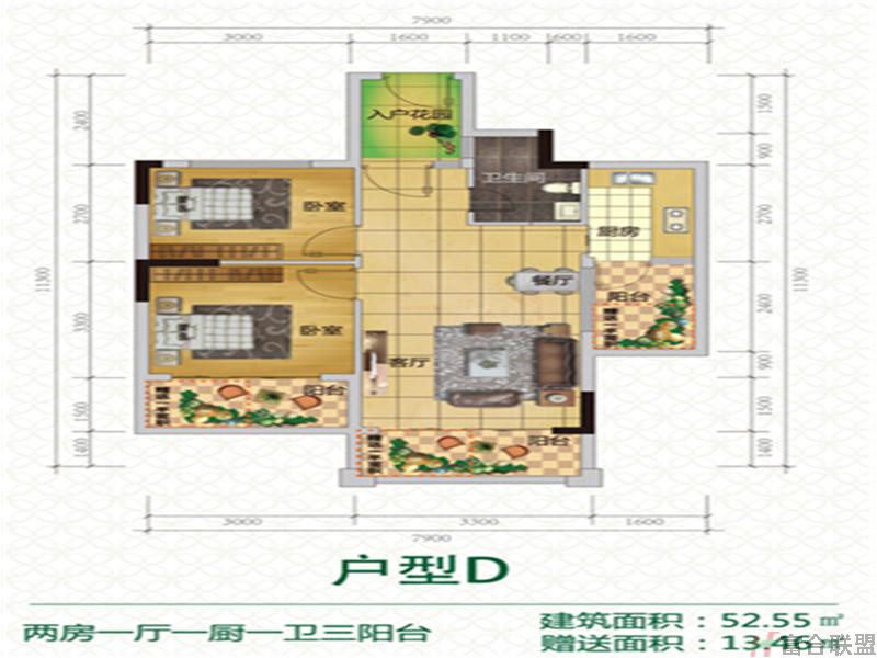 户型D：两房一厅一厨一卫三阳台52m².jpg